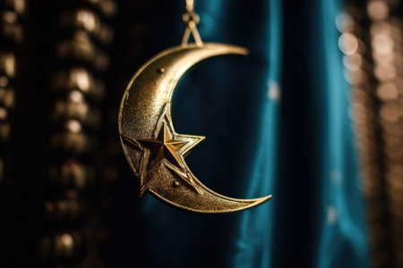 Closeup Shot Of Crescent Moon And Star Decoration, Symbolizing The Islamic Faithの素材