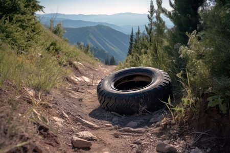 Discarded Tire On Scenic Mountain Trailの素材