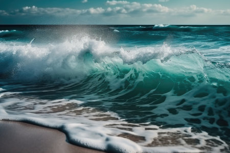 Isolated Sea Wave With Tropical Vibe, Featuring Clear Turquoise Waters And White Foam As It Approaches The Beachの素材