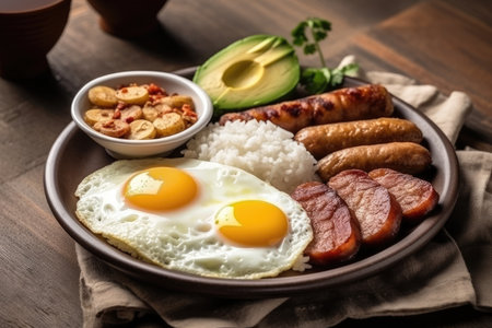 Bandeja Paisa On White Plate, Top Viewの素材