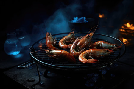 Set Of Prawns On Grill And Plate Of Seafood, In The Style Of Dark Skyblue And Dark Orangeの素材