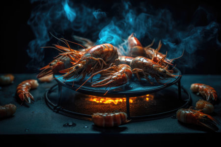 Set Of Prawns On Grill And Plate Of Seafoodの素材