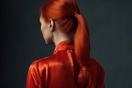 Bright Red Hair In Sleek Low Ponytail Back Viewの素材