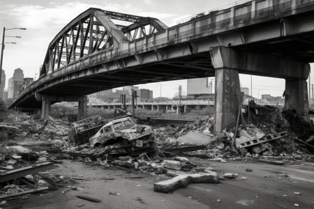 Black And White Photo Of Bombedout Bridge With Twisted Metal And Broken Concreteの素材