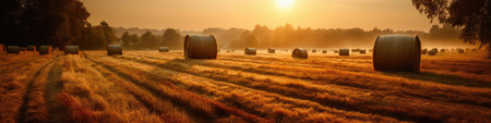 Golden Barley Fields With Hay Balesの素材