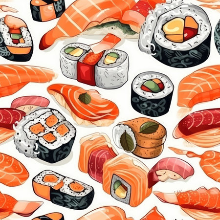 Seamless Wallpaper Background. Sushi On White Backgroundの素材