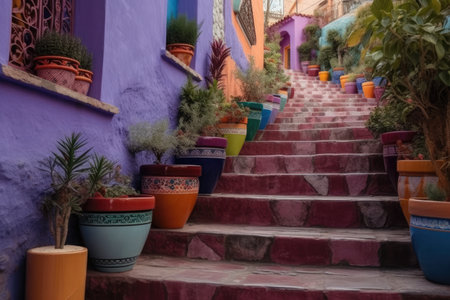The Colorful Steps Of Lavender Street Filled With Pots With Flowersの素材