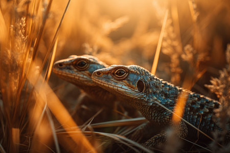 Two Lizards Rest In Field Full Of Tall Grass Of Golden Lightの素材