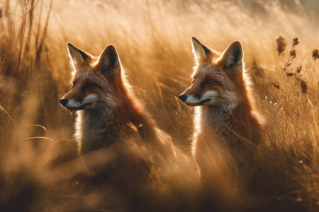 Two Foxes Rest In Field Full Of Tall Grass Of Golden Lightの素材