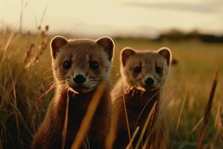 Two Weasels Rest In Field Full Of Tall Grass Of Golden Lightの素材