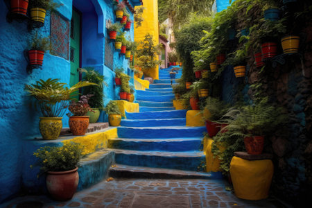 The Colorful Steps Of Neon Yellow Street Filled With Pots With Plantsの素材