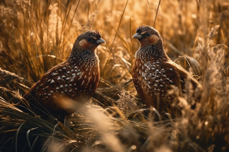 Two Pheasants Rest In Field Full Of Tall Grass Of Golden Lightの素材
