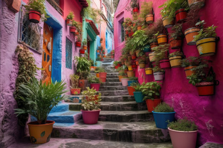 The Colorful Steps Of Magenta Street Filled With Pots With Plantsの素材
