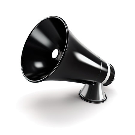 3D Icon Of Megaphone With Black Body And Silver Handle On A White Backgroundの素材