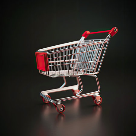 3D Icon Of Shopping Cart With Red Handle And Metallic Finish On A Black Backgroundの素材