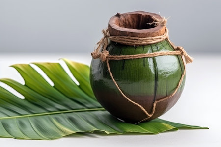 Closeup Of Decorative Clay Kalash With Green Coconut And Leaf On White Backgroundの素材