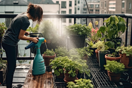Person Using Water Sprayer To Water Potted Plants On Balconyの素材