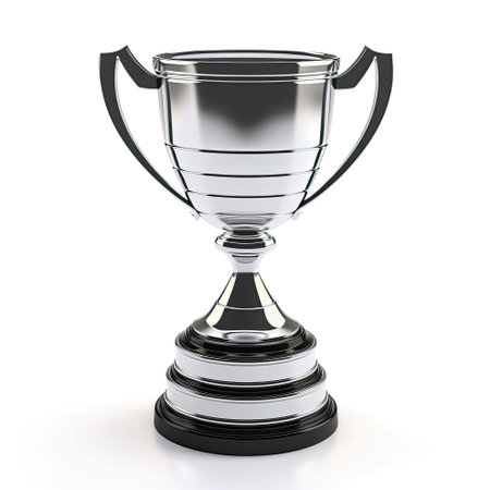 3D Icon Of Trophy Cup With Silver Finish And Black Base On A White Backgroundの素材