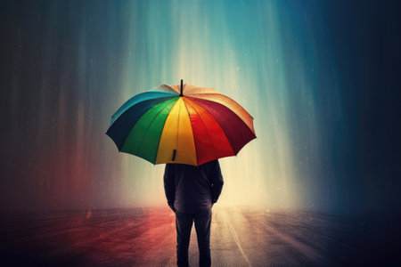 Rainbowcolored Umbrella Protecting Person From Storm, Symbolizing Hope And Optimismの素材