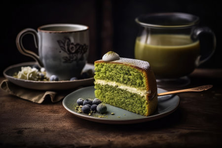 Matcha Latte Served With Slice Of Cakeの素材