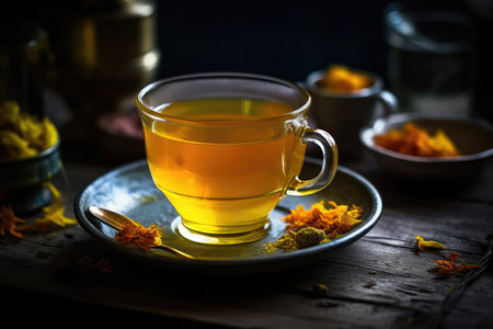 Cup Of Turmeric Tea On Wooden Tableの素材