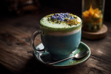 Blue Algae Latte With Coconut Flakes And Bee Pollenの素材