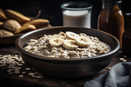 Bowl Of Oatmeal With Hemp Milk And Banana Slicesの素材