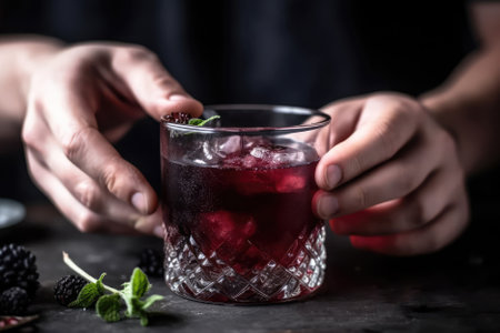 Hand Holding Glass Of Elderberry Syrup With Iceの素材