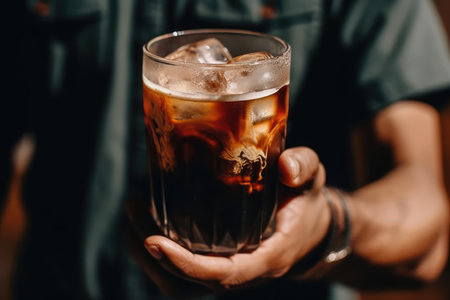 Person Holding Glass Of Cold Brew Coffee With Foamの素材
