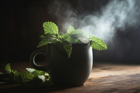 Steaming Mug With Fresh Mint Leaves On Wooden Surfaceの素材