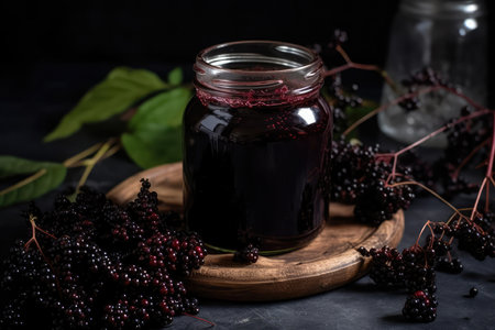 Jar Of Elderberry Syrup With Fresh Elderberries On Topの素材