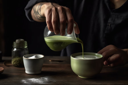 Person Pouring Steamed Milk Into Matcha Latteの素材