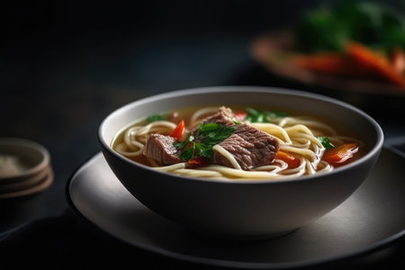Beef Noodle Soup On White Plate, Top Viewの素材