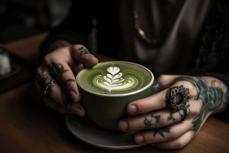 Person Holding Matcha Latte With Leaf Patternの素材