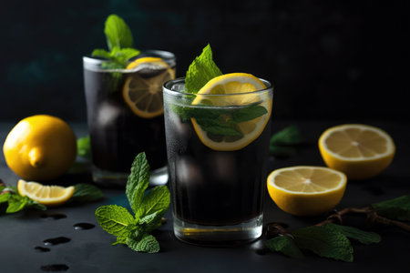 Charcoal Lemonade With Mint Leaves And Lemon Wedgesの素材