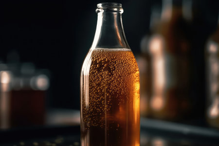Closeup Of Glass Bottle Filled With Effervescent Kombuchaの素材