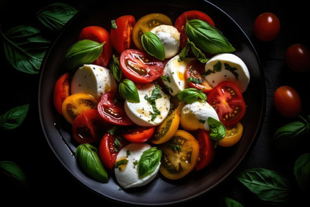 Caprese Salad On Black Plate, Top Viewの素材