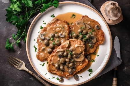 Scaloppine Alla Marsala On White Plate, Top Viewの素材