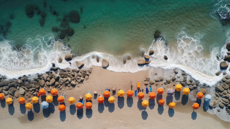 Aerial View Of The Beach With White Umbrellasの素材