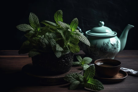 Peppermint Plant With Tea Leaves And Tea Potの素材