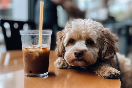 Dog With Drowsy Look Holding An Iced Coffeeの素材