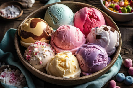 Bowl Of Assorted Ice Cream Flavors With Toppings. Ice Cream Day Celebrationの素材