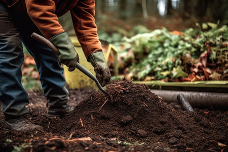 Man Stirs The Compost Pile With Shovelの素材