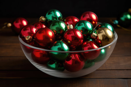 Bowl Of Shiny Red And Green Christmas Tree Bulbsの素材