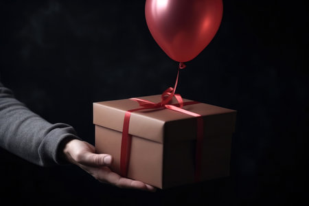 Hands Holding Gift Box With Balloon Closeupの素材