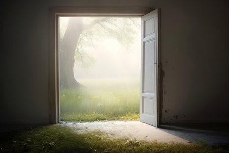 White Room With An Open Door Through Which The Woods And Grass Penetrateの素材