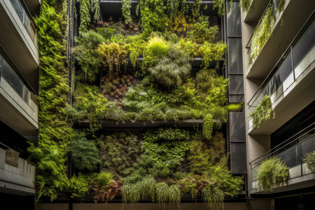 Sustainability And Conservation. Vertical Garden With Living Wall Of Cascading Greeneryの素材