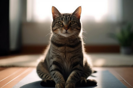 Cat Sitting On Yoga Mat, Looking Peaceful And Zenの素材