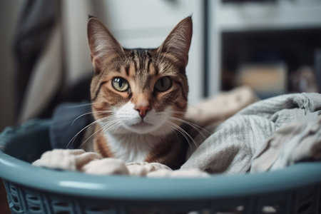 Cat Sitting In Laundry Basket, Surrounded By Clothes And Looking Cozyの素材