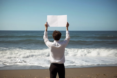 Man Holding Up Blank Paper In Front Of Oceanの素材